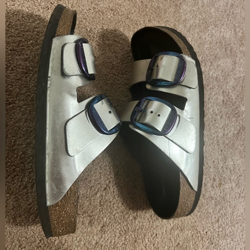 Birkenstock Arizona Big Buckle Metallic Silver Natural Leather